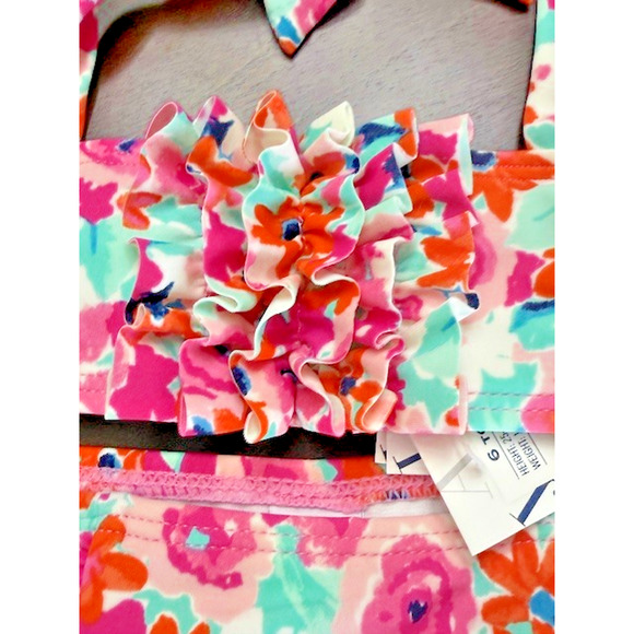 Janie And Jack Sz 6-12 mths Retro Inspire PINK ORANGE Swim Suit 2pc + HAT w/bow - Picture 9 of 15